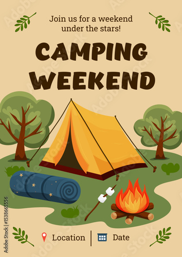 Promo flyers for summer camping, trip, hiking, nature, journey, picnic. A4 vector illustration for poster, banner, flyer, special offer, advertising.