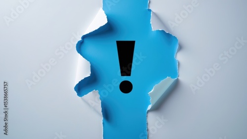 Exclamation mark visible through torn color paper, creating a striking visual contrast.