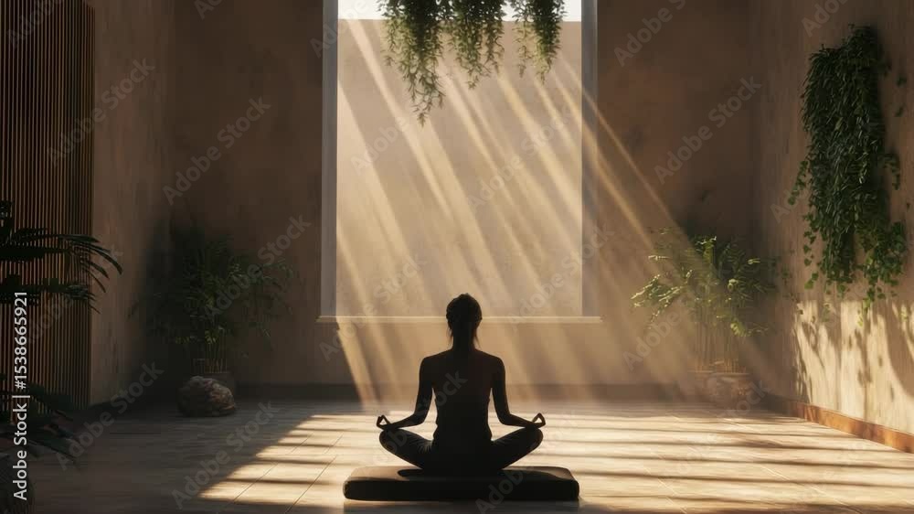 Woman in Lotus Position Meditating in Room with Sunlight Streaming through Window