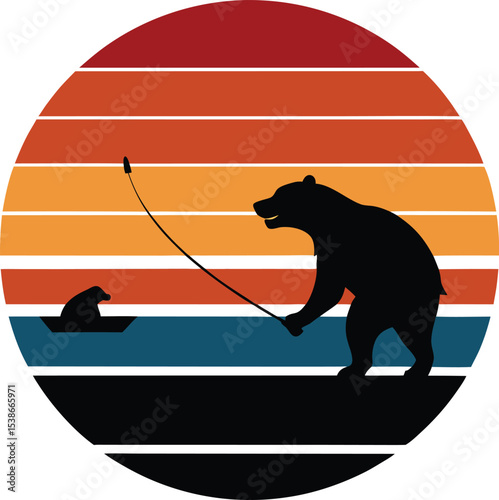 Bear fishing vector silhouette on retro striped sunset  
