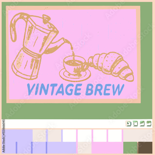Vintage Retro Coffee Logo with Pot, Cup, and Croissant Elements in Classic Style