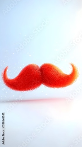 A vibrant, red handlebar mustache floats against a soft, light blue background, subtly illuminated