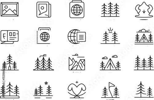 Travel and Adventure Icons: A collection of minimalist travel-themed icons, perfect for conveying the spirit of wanderlust, exploration, and outdoor adventure.