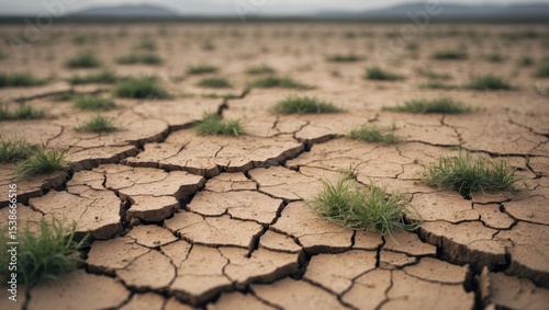 Dried cracked earth background on field with arid soil and fractured surface.