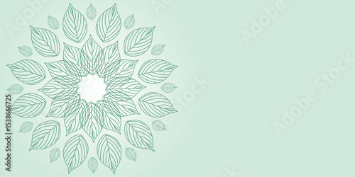Decorative mandala of green leaves on a light green background.