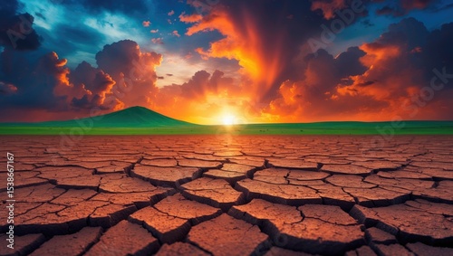 Drought on earth during sunset with a dramatic sky over the desert. Impact of changing climate.
