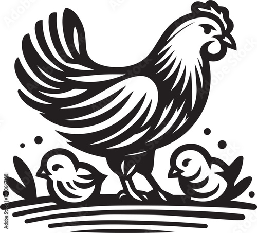 Majestic hen protecting her chicks in a charming black and white woodcut style illustration perfect for farm themes or poultry designs