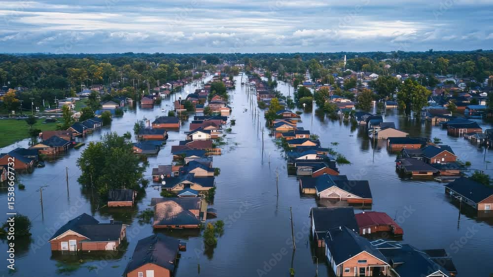 Neighborhood houses submerged in floodwater after heavy rainstorms, aerial view