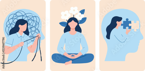 Mental health journey stages woman unraveling tangled thoughts finding peace solving puzzle