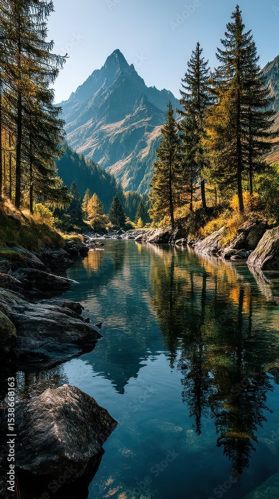 Fototapeta premium Majestic mountain landscape reflecting on a tranquil river in early morning light