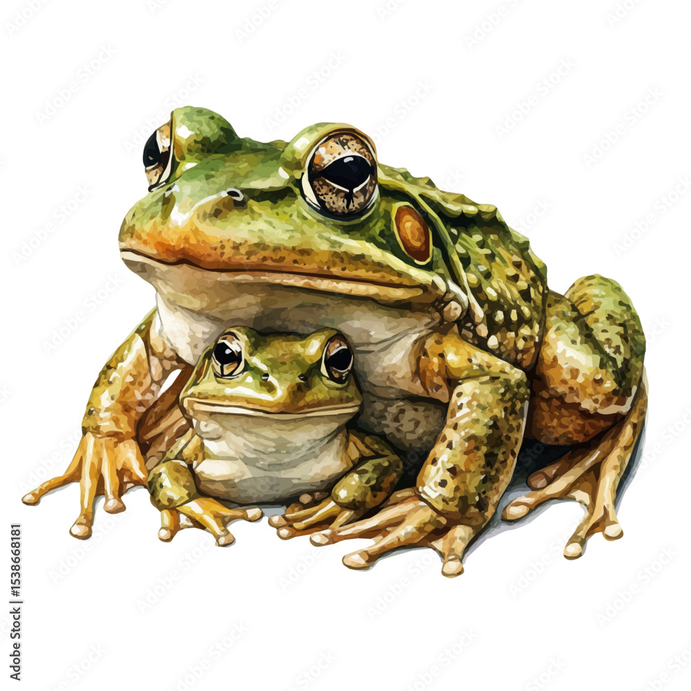 Obraz premium A Mother Bullfrog With Her Kid, watercolor clipart vector, isolated on a white background.