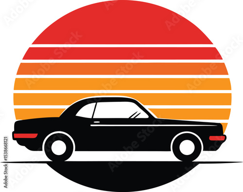 Car driving vector silhouette on retro striped sunset  