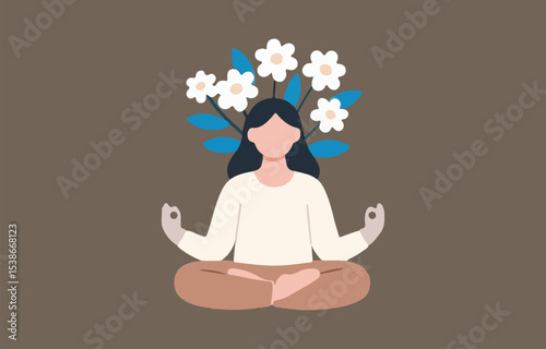 Woman meditating in lotus position with white flowers blooming above her head