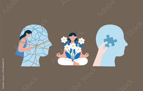 Mental health journey stages illustration overwhelmed mind peaceful meditation and problem solving