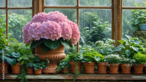 Collection of flowers in pots on a wooden windowsill inside a greenhouse. Blooming hydrangea bush in a container and green plants set against the window background. Gardening hobby, floriculture