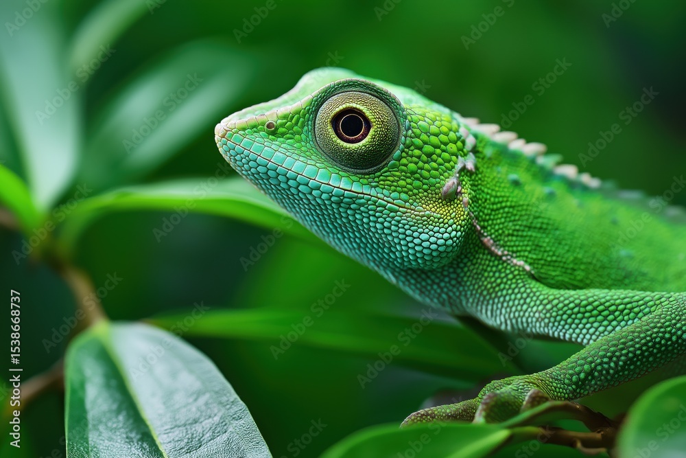 Obraz premium A green lizard is sitting on a leafy branch. The lizard is looking at the camera. The image has a calm and peaceful mood
