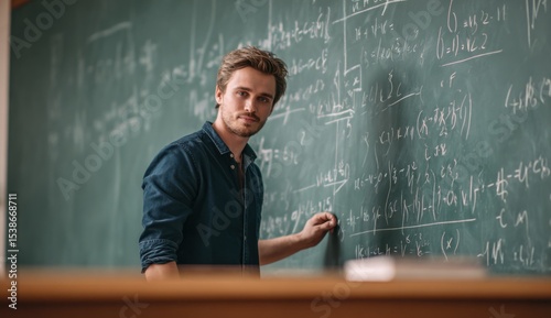 A man writes complex math equations on a chalkboard in a classroom