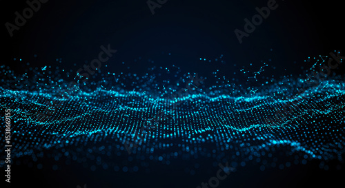 Flowing digital wave of blue dots represents AI-powered data streams and futuristic networking background