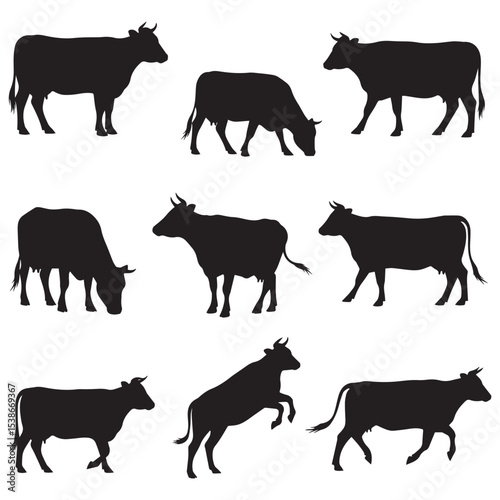 Collection of Nine Silhouette Cow Drawings in Vector Style for Rural Life, Agricultural Products and Eco Packaging Designs
