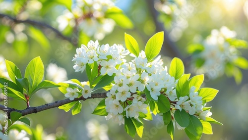 Blooming of a young Abbot variety pear tree in the garden during springtime. Close-up of white flowers on branches adorned with leaves.