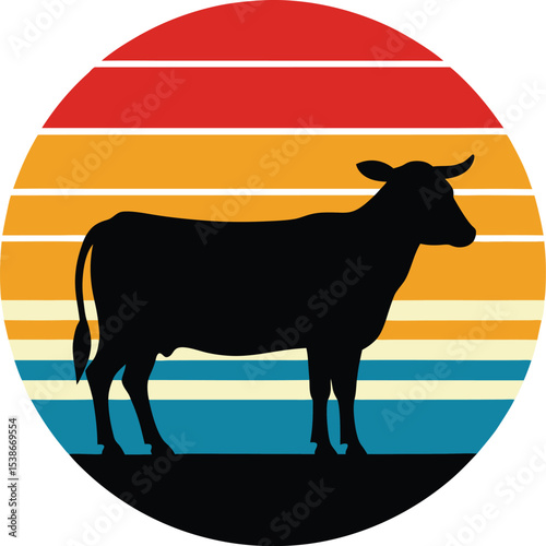 Cow vector silhouette on retro striped sunset  