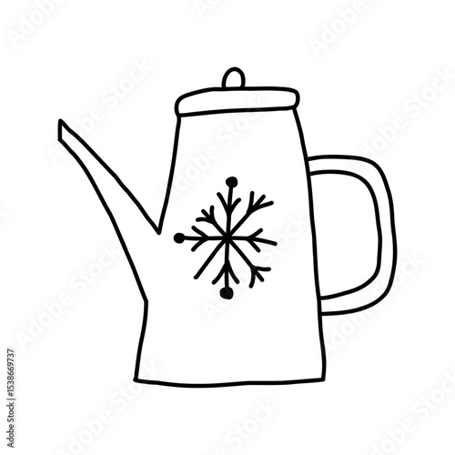 Kettle with snowflake, hand drawn doodle vector illustration isolated on white background. Cute tea pot cartoon drawing.