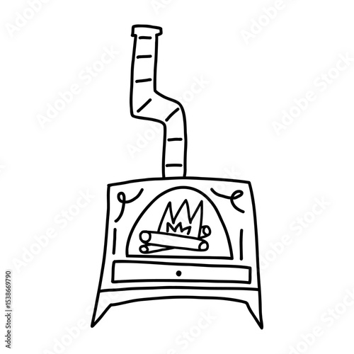 Fireplace in outline doodle style, hand drawn vector illustration isolated on white background. Cozy indoor fireplace drawing.