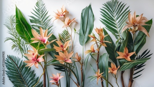 Flowers featuring various leaf branches and palms that are culturally appealing. Texturing would be ideal on a white background.