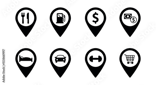 Versatile location icons for dining, fuel, finance, accommodation, transport, fitness, and shopping vector illustration