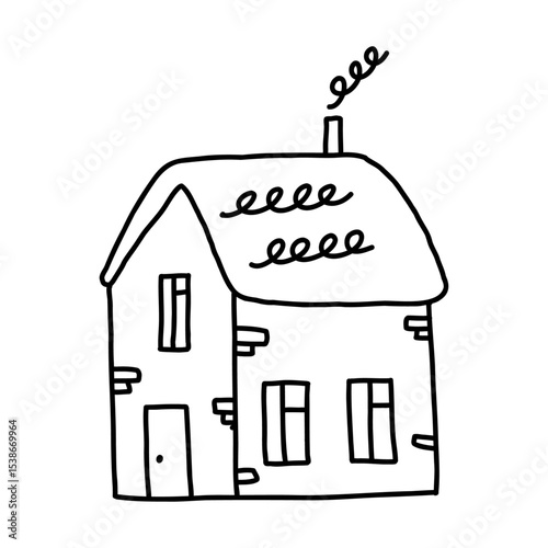 Hand drawn house with chimney, cartoon doodle vector illustration isolated on white background. Outline building drawing.