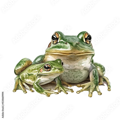 watercolor vector of A Mother Bullfrog With Her Kid, isolated on a white background.