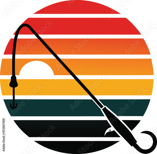 Fishing pole vector silhouette on retro striped sunset  