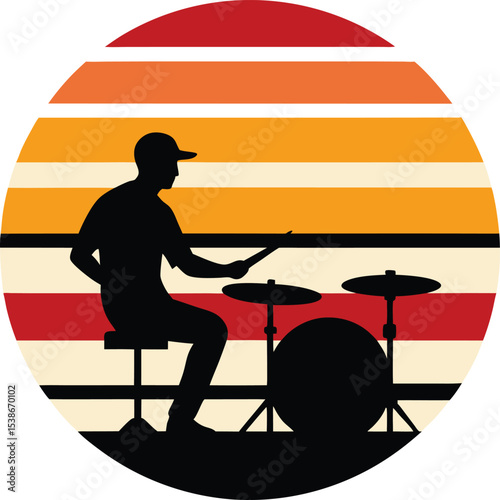 Drummer vector silhouette on retro striped sunset  