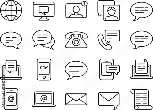 Communication Icons: A collection of black and white icons symbolizing global connections, digital conversations, and modern communication tools.