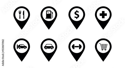 Location icons set for restaurants, gas stations, shopping, and services vector illustration
