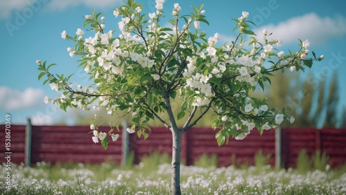 Blooming of a young Abbot variety pear tree in the garden during spring. White flowers on branches with foliage.