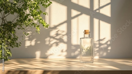 Short and wide matte bottle with cork stopper on off-white background, dramatic soft shadows cast from the left 