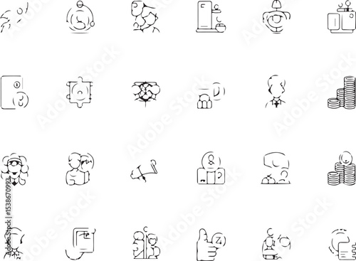 Monochrome Icon Set: A versatile collection of hand-drawn business icons, ready for your next project, minimalist design style.