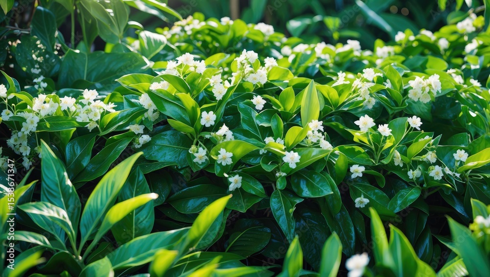 Fototapeta premium Bright green foliage of Beach naupaka Scaevola Taccada with small white flowers on a natural background, flourishing in a lush, sunlit setting. Exotic tropical plant with floral texture.