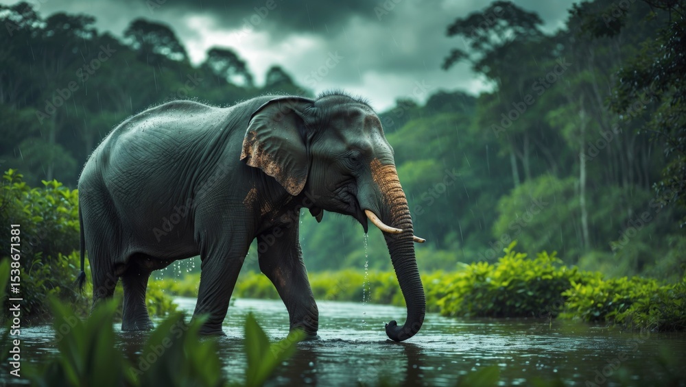 Fototapeta premium Elephant in the wild during rainy weather in the country of Sri Lanka
