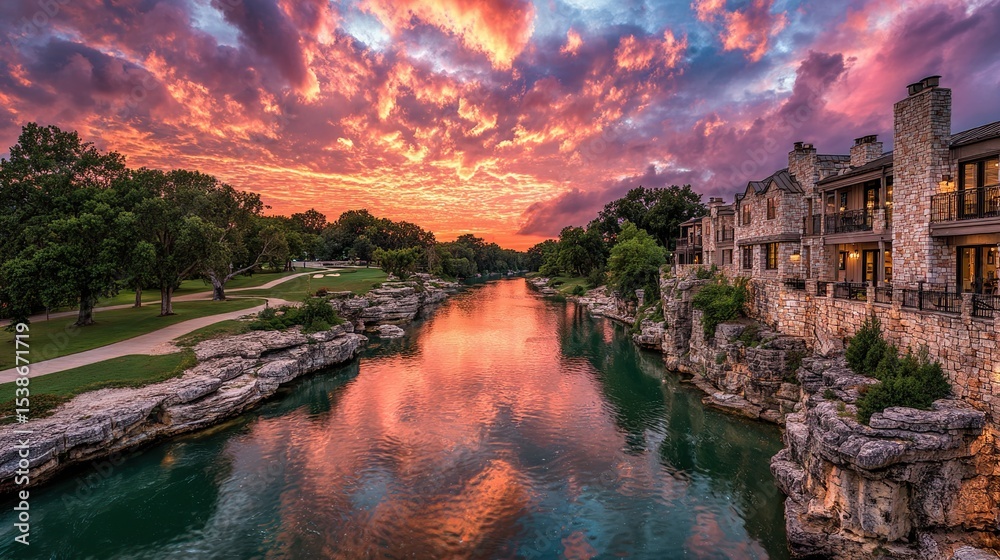 Fototapeta premium Panoramic view of a river at sunset, with buildings on the far bank
