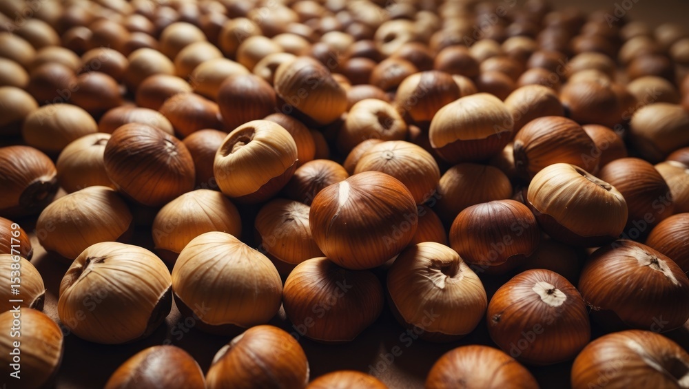 A close-up of freshly harvested hazelnuts spread across a wooden surface. The warm hues glow under bright sunlight, highlighting their natural beauty and texture, encouraging exploration. A close-up of freshly harvested hazelnuts spread across a wooden surface. The warm hues glow under bright sunlight, highlighting their natural beauty and texture, encouraging exploration.