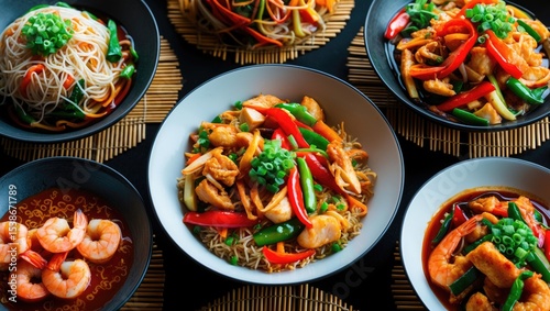 Food collage featuring Indian Chinese cuisine dishes set, including Schezwan Noodles, Fried Rice, Chicken, Prawns, and Paneer. Indian Food and Asian Dishes Photo Collage