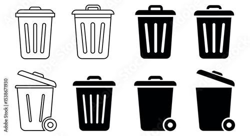 Variety of trash bin icons for waste management design and environmental awareness vector illustration