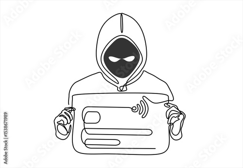 Continuous one line drawing of a thief hacker. Hacking phishing attack. Internet Thief, credit card data phishing. Hand drawn one line vector. Editable stroke