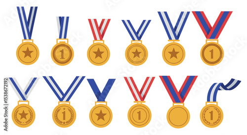 Gold medal collection with various designs and ribbons for award ceremonies and competitions vector illustration