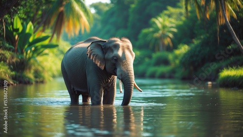Elephant consuming food and drinking water in the water.