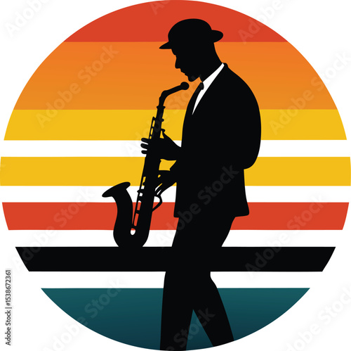 Saxophone player vector silhouette on retro sunset  
