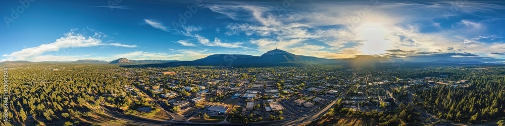 Obraz premium Stunning Aerial View of Flagstaff AZ: A Fisheye Perspective of a Charming Town Under Blue Skies
