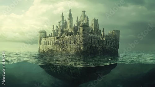 Mysterious floating castle submerged in dark waters.